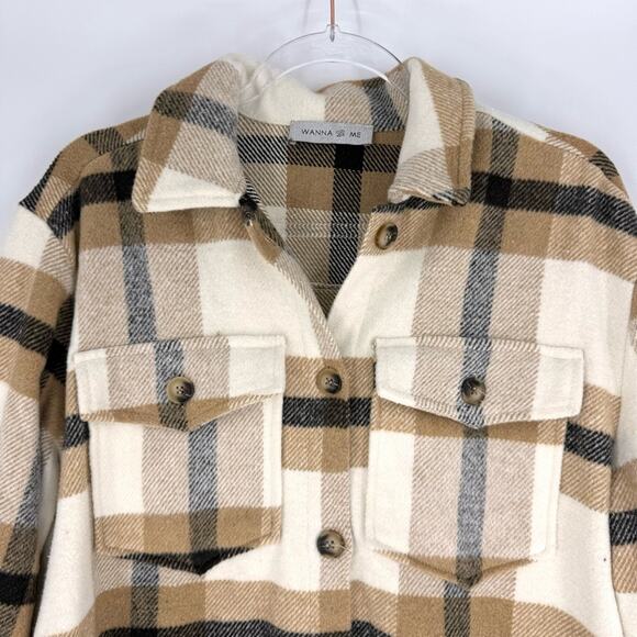 Wanna B Me Plaid Shacket Brown Cream Tan Button Front Size L - Picture 2 of 7